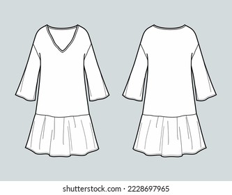 Dress with long sleeve flat sketch. Summer wide gown apparel design. Front back. Women CAD mockup. Technical drawing template. Vector illustration.