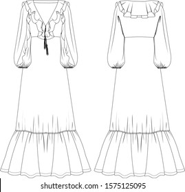 Dress with long sleeves and ruffles, vector, back and side view for fashion illustration