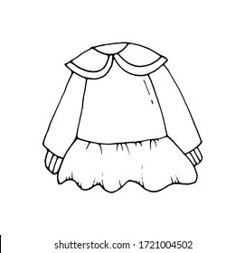 Dress with long sleeves. Vector isolated illustration with children's clothing. Separate items with clothing for children. Doodle style.Printing on paper and fabrics. Dress for a little girl.