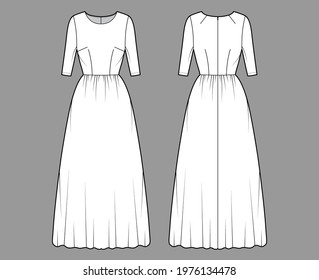 Dress long technical fashion illustration with elbow sleeve, fitted body, floor length full skirt. Flat apparel front, back, white color style. Women, men unisex CAD mockup