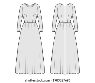 Dress long technical fashion illustration with long sleeve, fitted body, floor length full skirt. Flat apparel front, back, grey color style. Women, men unisex CAD mockup