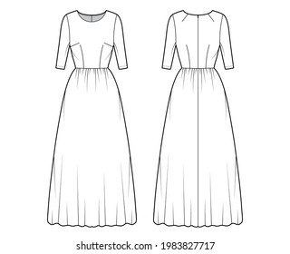 Dress long technical fashion illustration with elbow sleeve, fitted body, floor length full skirt. Flat apparel front, back, white color style. Women, men unisex CAD mockup