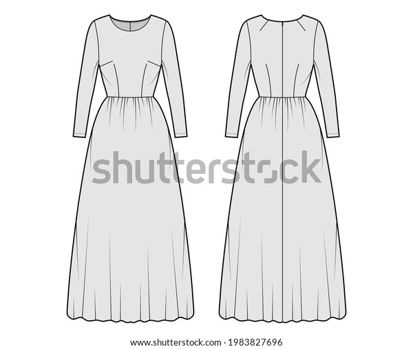 Dress long technical\
fashion illustration with long sleeve, fitted body, floor length\
full skirt. Flat apparel front, back, grey color style. Women, men\
unisex CAD mockup