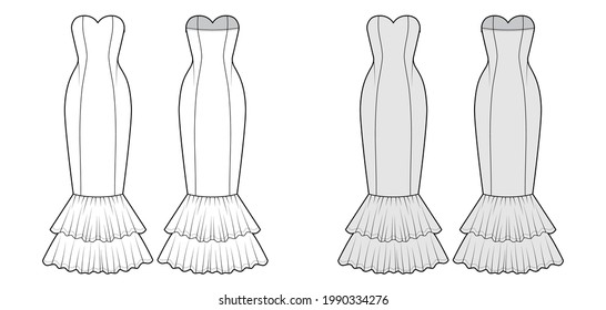 Dress mermaid technical fashion illustration with strapless sweetheart neckline, fitted body, circular skirt. Flat evening apparel front, back, white, grey color style. Women, men unisex CAD mockup