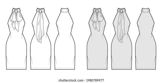 Dress neck bow technical fashion illustration with high halter neckline, sleeveless, fitted body, knee length pencil skirt. Flat apparel front, back, white, grey color style. Women, men unisex mockup