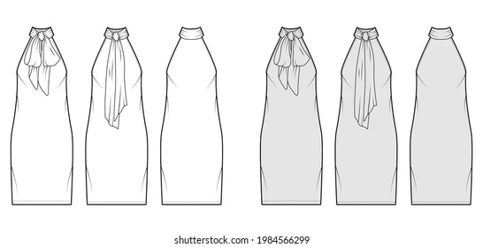 Dress neck bow technical fashion illustration with high halter neckline, sleeveless, oversized body, knee length pencil skirt. Flat apparel front, back, white, grey color style. Women, men CAD mockup