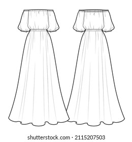 Dress Off Shoulder Technical Fashion Illustration, Maxi Length Circular Skirt.