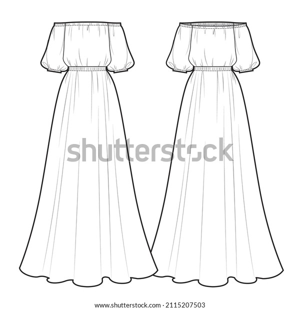 Dress off shoulder technical fashion illustration,\
maxi length circular\
skirt.
