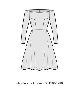 Dress off-shoulder Bardot technical fashion illustration with long sleeves, fitted body, knee length semi-circular skirt. Flat apparel front, grey color style. Women, men unisex CAD mockup