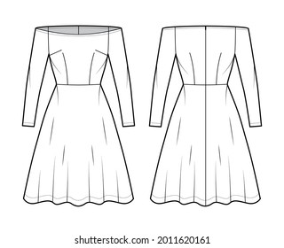 Dress off-shoulder Bardot technical fashion illustration with long sleeves, fitted body, knee length semi-circular skirt. Flat apparel front, back, white color style. Women, men unisex CAD mockup