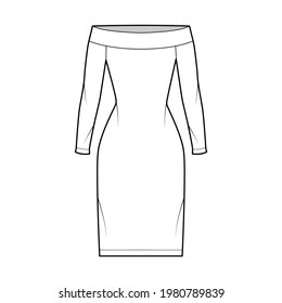 Dress off-the-shoulder Bardot technical fashion illustration with long sleeves, fitted body, knee length pencil skirt. Flat apparel front, white color style. Women, men unisex CAD mockup