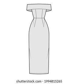 Dress off-the-shoulder Bardot technical fashion illustration with sleeveless, fitted body, floor maxi length pencil skirt. Flat evening apparel front, grey color style. Women, men unisex CAD mockup