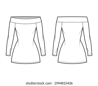 Dress off-the-shoulder Bardot technical fashion illustration with long sleeves, fitted body, mini length pencil skirt. Flat apparel front, back, white color style. Women, men unisex CAD mockup