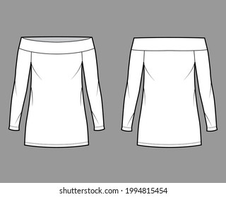 Dress off-the-shoulder Bardot technical fashion illustration with long sleeves, oversized body, mini length pencil skirt. Flat apparel front, back, white color style. Women, men unisex CAD mockup