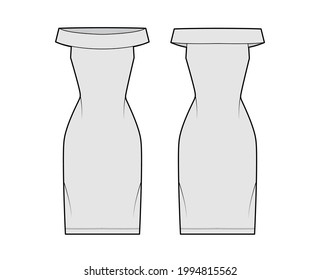 Dress off-the-shoulder Bardot technical fashion illustration with sleeveless, fitted body, knee length pencil skirt. Flat apparel front, back, grey color style. Women, men unisex CAD mockup