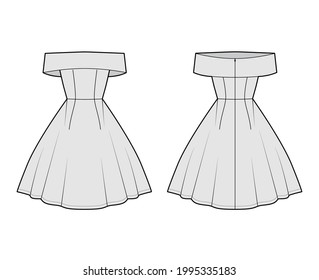Dress off-the-shoulder Bardot technical fashion illustration with sleeveless, fitted body, knee length circular skirt. Flat evening apparel front, back, grey color style. Women, men unisex CAD mockup