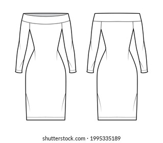 Dress off-the-shoulder Bardot technical fashion illustration with long sleeves, fitted body, knee length pencil skirt. Flat apparel front, back, white color style. Women, men unisex CAD mockup