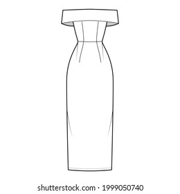 Dress off-the-shoulder Bardot technical fashion illustration with sleeveless, fitted body, floor maxi length pencil skirt. Flat evening apparel front, white color style. Women, men unisex CAD mockup
