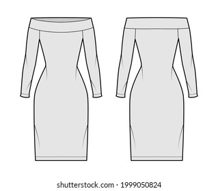 Dress off-the-shoulder Bardot technical fashion illustration with long sleeves, fitted body, knee length pencil skirt. Flat apparel front, back, grey color style. Women, men unisex CAD mockup