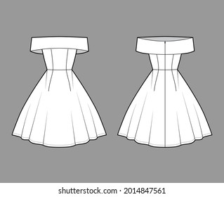 Dress off-the-shoulder Bardot technical fashion illustration with sleeveless, fitted body, knee length circular skirt. Flat evening apparel front, back, white color style. Women, men unisex CAD mockup
