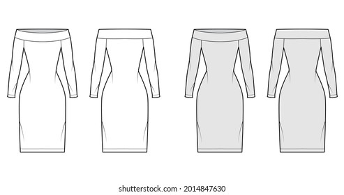 Dress off-the-shoulder Bardot technical fashion illustration with long sleeves, fitted body, knee length pencil skirt. Flat apparel front, back, white, grey color style. Women, men unisex CAD mockup
