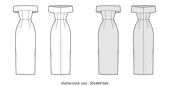 Dress off-the-shoulder Bardot technical fashion illustration with sleeveless, fitted body, floor maxi length pencil skirt. Flat evening front, back, white, grey color. Women, men unisex CAD mockup