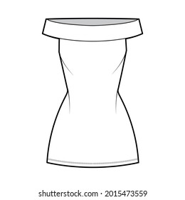 Dress off-the-shoulder Bardot technical fashion illustration with sleeveless, fitted body, mini length pencil skirt. Flat apparel front, white color style. Women, men unisex CAD mockup