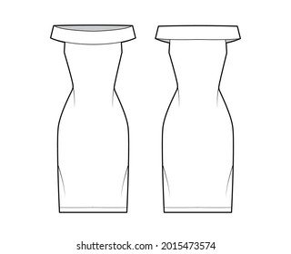 Dress off-the-shoulder Bardot technical fashion illustration with sleeveless, fitted body, knee length pencil skirt. Flat apparel front, back, white color style. Women, men unisex CAD mockup