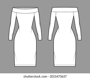 Dress off-the-shoulder Bardot technical fashion illustration with long sleeves, fitted body, knee length pencil skirt. Flat apparel front, back, white color style. Women, men unisex CAD mockup