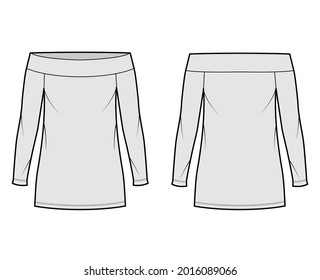 Dress off-the-shoulder Bardot technical fashion illustration with long sleeves, oversized body, mini length pencil skirt. Flat apparel front, back, grey color style. Women, men unisex CAD mockup