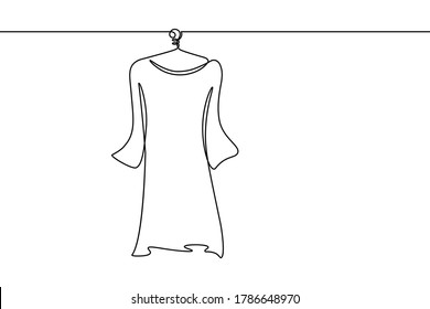 Dress on hanger in continuous line art drawing style. Black linear sketch isolated on white background. Vector illustration