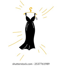 Dress on hanger. New black dress with label. Elegant female clothes in store. New fashion women clothing collection. Garment shop. Cartoon hand drawing flat vector illustration isolated