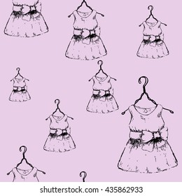 Dress on a hanger. Pattern of women's clothing on a pink background. Vector illustration