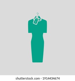 Dress On Hanger With Sale Tag Icon. Green on Gray Background. Vector Illustration.
