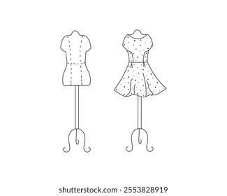 Dress on a hanger, tailor's mannequin. Sewing set. Clothes, accessories. Vector illustration, isolated background.