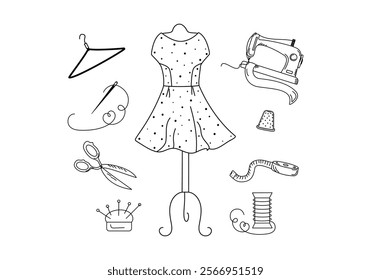 Dress on a hanger, tailor's mannequin. Sewing set, tailors tools. Sewing machine. Line icons. Clothes, accessories. Vector illustration, isolated background.