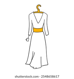 Dress on hanger. White wedding dress with label. Elegant female clothes in store. New fashion women clothing collection. Garment shop. Cartoon hand drawing flat vector illustration isolated