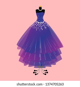 Dress on mannequin. Ball gown on mannequin. Fashion Illustration isolated on pink background.