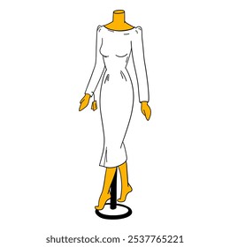 Dress on mannequin. Sewing manikin with elegant female clothes. Dummy for tailors design dressmaking. Fashion garment shop. New clothing store. Cartoon hand drawing flat vector illustration isolated