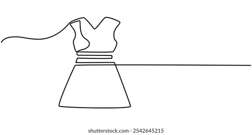 Viste una línea continua. Arte vectorial dibujado a mano, vestido de novia en un dibujo de línea continua. Símbolo de ropa de moda para la tienda nupcial y diseño de invitación en estilo lineal simple.