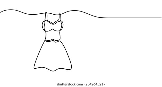 Dress one line continuous. Dress line art. Hand drawn vector art, Wedding dress in one continuous line drawing. Fashion clothes symbol for bridal shop and invitation design in simple linear style.