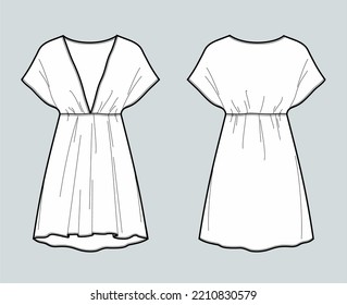 Dress one piece sleeve flat sketch. Tunic with elastic waist apparel design. Front and back. Women CAD mockup. Technical drawing. Vector illustration.