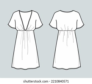 Dress one piece sleeve flat sketch. Tunic with elastic waist apparel design. Front and back. Women CAD mockup. Technical drawing. Vector illustration.