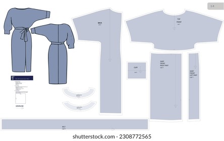 Dress with one piece sleeve sewing pattern with O-neck, cuffs and belt. Sizes S-M. All allowances are included.
