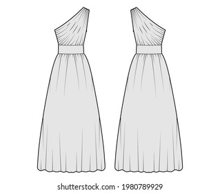 Dress One Shoulder Technical Fashion Illustration With Fitted Body, Floor Maxi Length Circular Skirt. Flat Evening Apparel Front, Back, Grey Color Style. Women, Men Unisex CAD Mockup