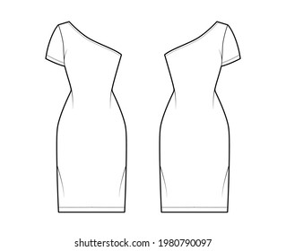 Dress one shoulder technical fashion illustration with short sleeve, fitted body, knee length pencil skirt. Flat apparel front, back, white color style. Women, men unisex CAD mockup