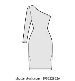 Dress one shoulder technical fashion illustration with long sleeve, fitted body, knee length pencil skirt. Flat apparel front, grey color style. Women, men unisex CAD mockup