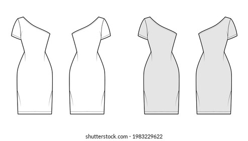 Dress one shoulder technical fashion illustration with short sleeve, fitted body, knee length pencil skirt. Flat apparel front, back, white, grey color style. Women, men unisex CAD mockup