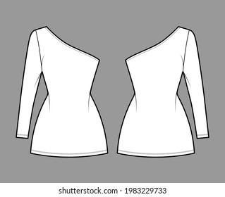 Dress one shoulder technical fashion illustration with long sleeve, fitted body, mini length pencil skirt. Flat apparel front, back, white color style. Women, men unisex CAD mockup