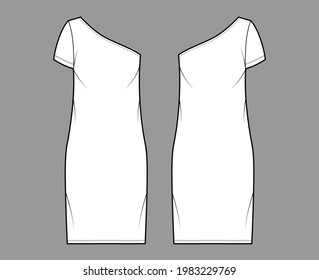 Dress one shoulder technical fashion illustration with short sleeve, oversized body, knee length pencil skirt. Flat apparel front, back, white color style. Women, men unisex CAD mockup